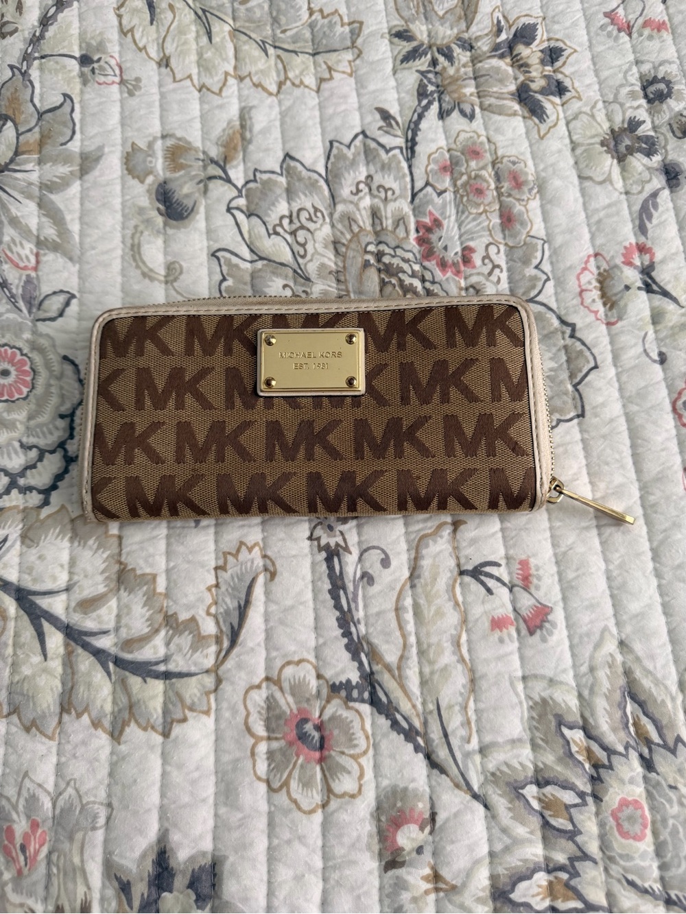 Michael Kors Brown MK Logo Zip-Around Wallet with Gold Tone Plate
